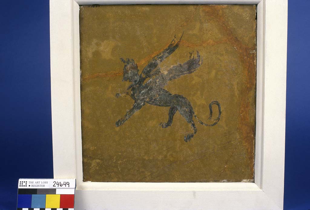 Villa della Pisanella, Boscoreale. Fresco fragment. Decorative figure of a winged male sphinx monster flying upward to left. 
Lion and human figure with a wide collar possibly to represent mane, cap with feather plumes, beardless, no indication of sex.
Photo © Field Museum of Natural History - CC BY-NC.
Now in the Field Museum, inventory number 24649. See in Field Museum
