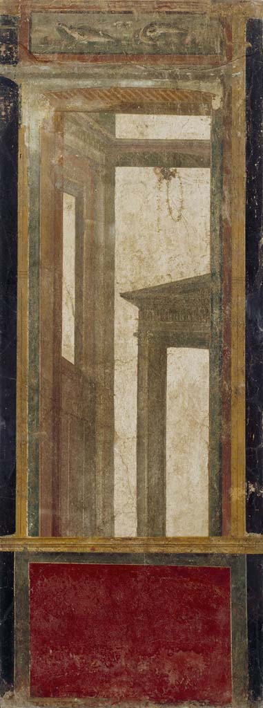 Villa della Pisanella, Boscoreale. Fresco fragment. Possibly from triclinium Pasqui F, Mau N.
Panel with architectural prospect.
Photo © Field Museum of Natural History - CC BY-NC.
Now in the Field Museum, inventory number 24657. See in Field Museum
