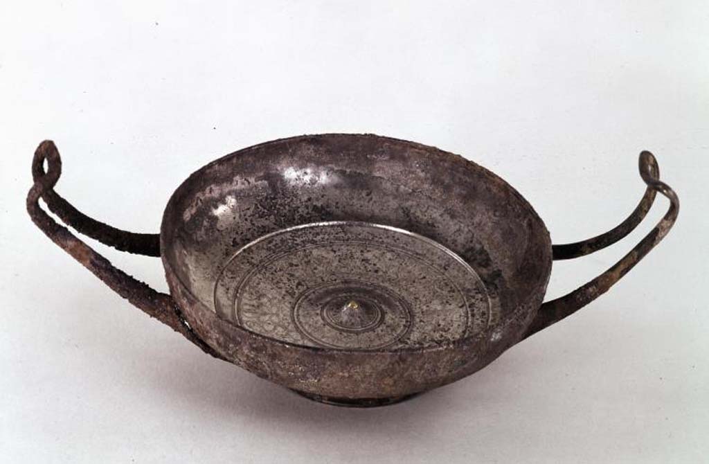 Villa della Pisanella, Boscoreale? Stemless silver cup engraved with floral designs and with a gold pin in the centre.
The cup was purchased by the museum from V. Vitalini in 1897. 
The bronze Scylla dish (inventory number BM 1897,0726.7) found in Villa Pisanella was also acquired from V. Vitalini in 1897.
Both items are shown simply on the BM website as Boscoreale. Is this silver cup also from Villa Pisanella?
Photo © Trustees of the British Museum, inventory number BM 1897,0726.1. Use subject to CC BY-NC-SA 4.0.