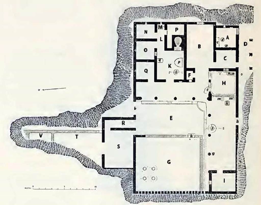 Villa rustica del fondo Ippolito Zurlo, Pompeii. 1897 plan of villa. Sig. Vincenzo De Prisco from 1st March 1897 undertook the excavation following ministerial authorisation. According to Sogliano, if by the richness and for the importance of the finds, the current excavation does not compare at all with the other excavation of De Prisco (Villa of Pisanella), nevertheless the complex of ancient buildings excavated is important for the ancient topography of the Vesuvian area and for the knowledge of ancient roman villas. Sogliano thought rooms "A-D" were undoubtedly part of the dwelling of the owner and the remaining rooms "E-V" were destined for rustic use. See Notizie degli Scavi di Antichit, 1897, p. 391-2, fig. 1.