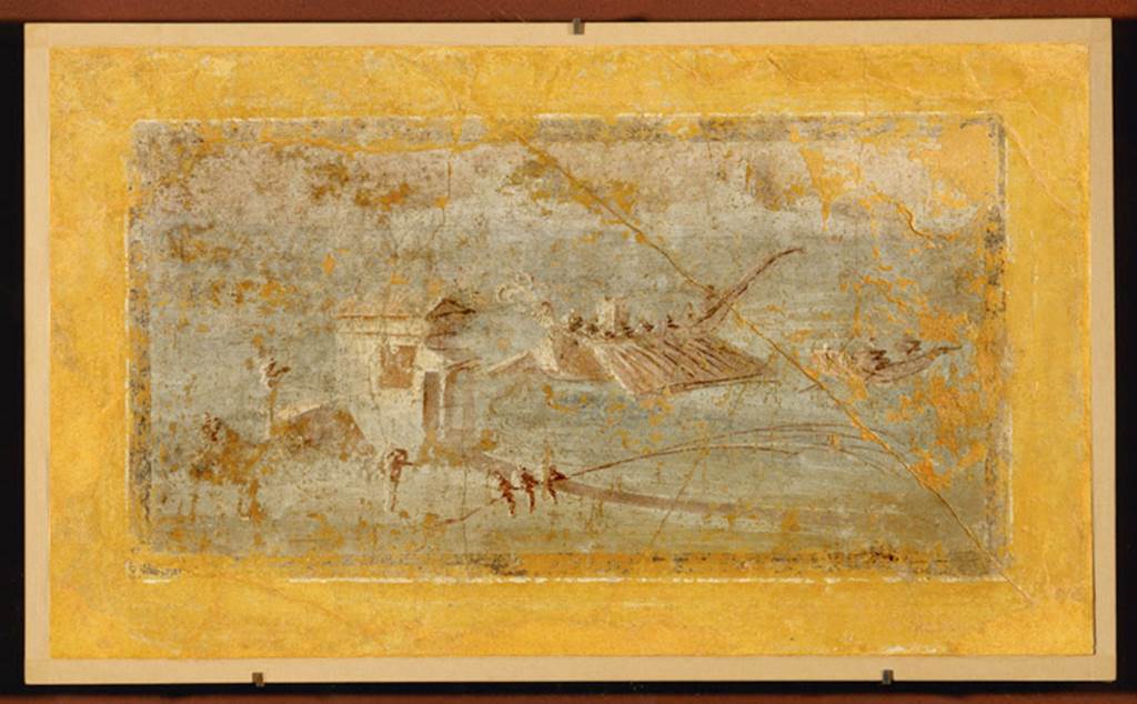 Villa rustica del fondo Ippolito Zurlo, Pompeii. 2005. Room B triclinium. East wall left yellow panel.
Painting of fishing with the net: three sailors are busy pulling the net while in the sea you could see two boats with oars. 
Size 0.32m high and 0.61m wide.
Now in the Louvre. Inventory number P25. 
Photo  RMN-Grand Palais (muse du Louvre) / Erich Lessing.
See Paysage Maritime on rmn.fr
