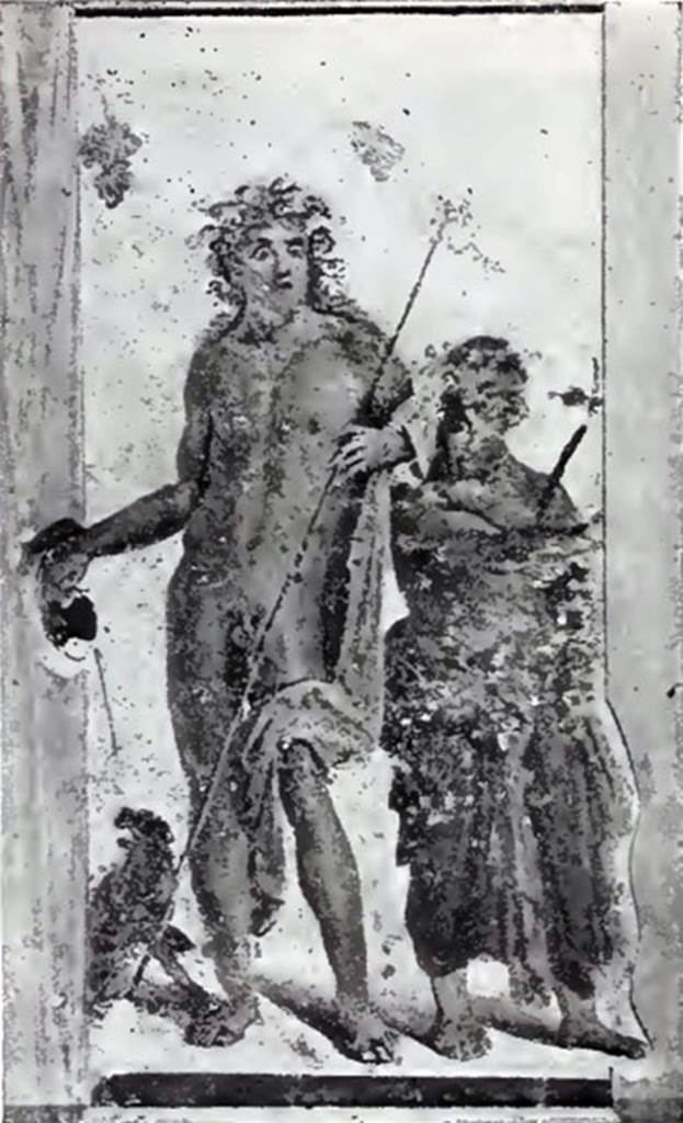 Villa rustica del fondo Ippolito Zurlo, Pompeii. 1897, Torcularium H. Painting of Bacchus and Silenus on the pillar to the right of the small entrance doorway. According to Sogliano, the torcularium was used for the grapes, as demonstrated by a painting of Bacchus and Silenus.
In front of the painting was a square masonry altar covered with plaster which leaned against the same pillar. The altar measured 0.39m high, 0.32m wide, and 0.30m deep. The painting, which was cut out by De Prisco, is here reproduced here. See Notizie degli Scavi di Antichit, 1897, p. 399-400, fig. 10.
