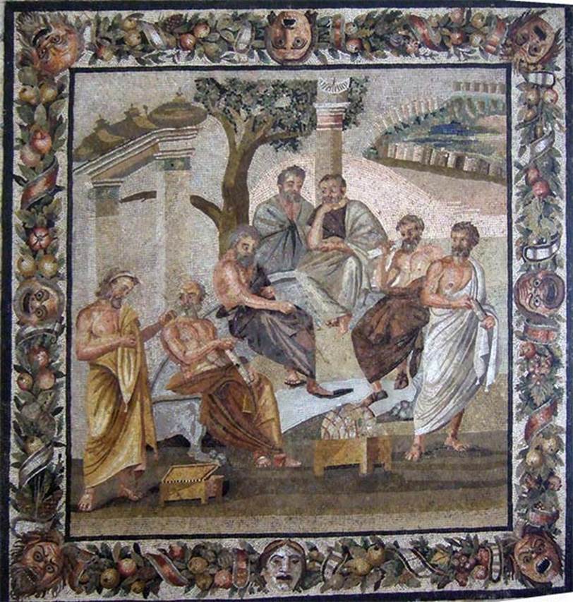 Villa of T. Siminius Stephanus, fondo Masucci-D'Aquino. Mosaic of the Academy of Plato (Dell’accademia Platonica). Found 14th July 1897 in room F, at a depth of two metres in a layer of ash and not in situ. It was embedded in a slab of travertine although traces of wear confirmed its original use in a floor. Now in Naples Archaeological Museum.  Inventory number 124545. Other bronze, iron, glass, lead, bone and terracotta items were also found. See Notizie degli Scavi di Antichità, 1898, p. 498-9.