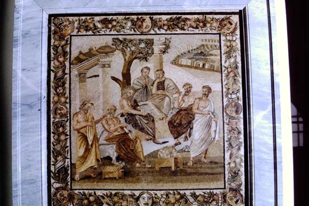 Villa of T. Siminius Stephanus, fondo Masucci-D'Aquino. Mosaic of the Academy of Plato (Dell’accademia Platonica). 1968.  Now in Naples Archaeological Museum.  Inventory number 124545.  Photo by Stanley A. Jashemski.
Source: The Wilhelmina and Stanley A. Jashemski archive in the University of Maryland Library, Special Collections (See collection page) and made available under the Creative Commons Attribution-Non Commercial License v.4. See Licence and use details.  J68f1052
