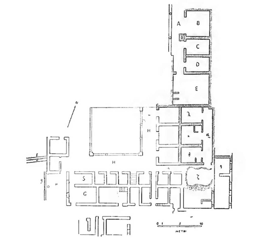 Villa of T. Siminius Stephanus, fondo Masucci-D'Aquino. Plan of villa showing the rooms excavated in 1898. See Notizie degli Scavi di Antichità, 1899, p.236. The rooms with simply an outline belong to the first period of excavation and are seen on the plan previously published. See Notizie degli Scavi di Antichità, 1898, p. 495.