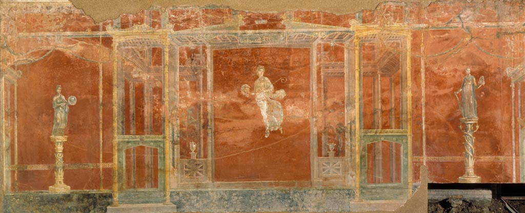 Complesso dei triclini in località Moregine a Pompei. September 2015. Triclinium A, east wall.
Melpomene the muse of tragedy with tragic mask and club.


