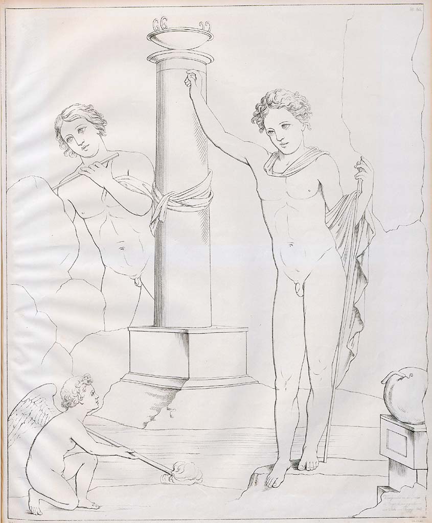 Torre Annunziata, Villa of C. Siculius. Drawing by Zahn of painting of Narcissus.
Zahn explains that the painting has suffered a great deal so that doubts arise about some of the details.
He shows the figure at the rear as male, perhaps Ameinias or a mountain god. He also shows the vase at the bottom right as a large gourd.
He also says that if the figure at the rear were female it would clearly be the nymph Echo.
It was excavated during the construction of the railway near Pompeii, under Torre dell' Annunziata in 1842.
See Zahn, W., 1852-59. Die schönsten Ornamente und merkwürdigsten Gemälde aus Pompeji, Herkulanum und Stabiae: III. Berlin: Reimer, taf. 65.
