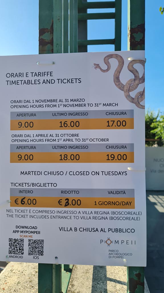 Oplontis Villa of Poppea, October 2023. 
Tickets and timetable. Photo courtesy of Giuseppe Ciaramella. 

