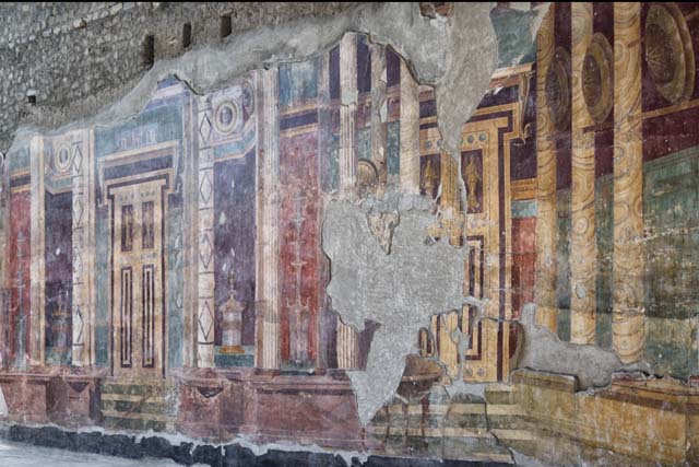 Oplontis, Villa of Poppea, October 2001. Room 5, detail from north end of west wall.
Photo courtesy of Peter Woods
