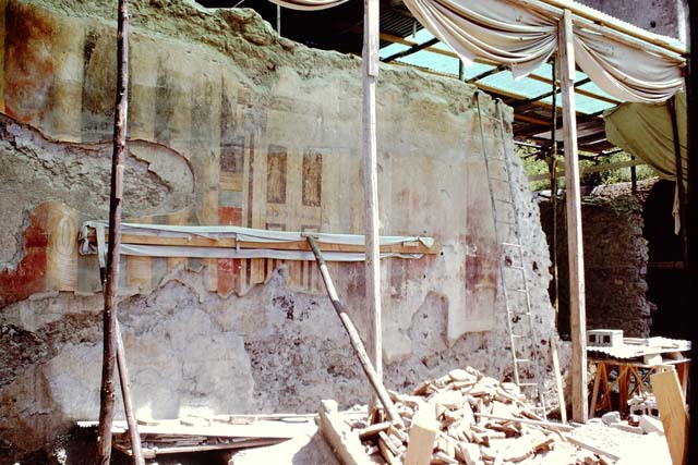 Oplontis, Villa of Poppea, October 2001. Room 5, atrium, detail from painted east wall at north end.  Photo courtesy of Peter Woods

