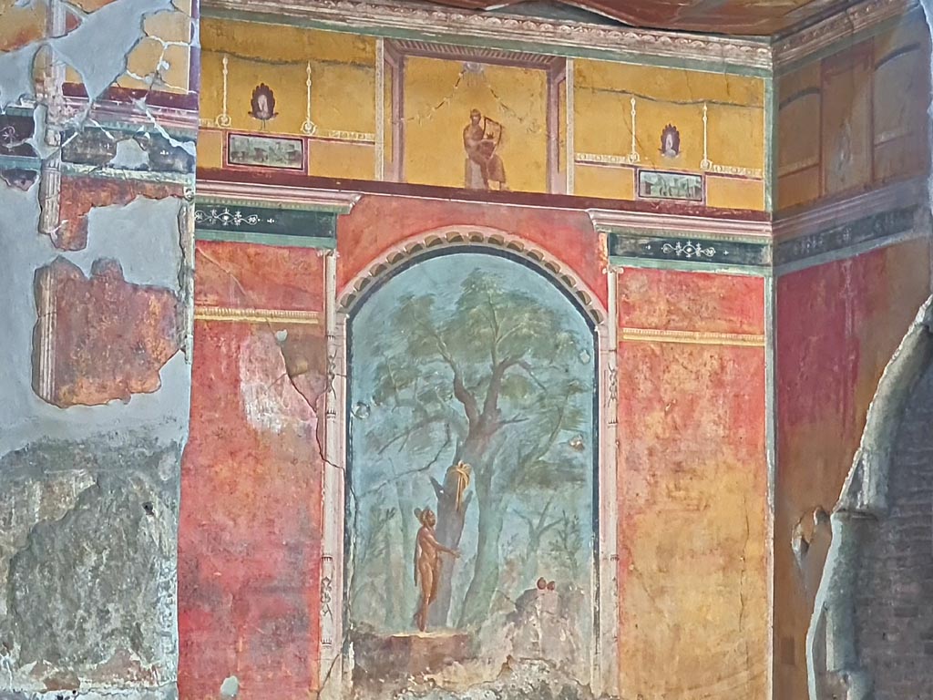 Oplontis, May 2011. Room 8, painting from the north end panel of the ceiling of the niche, showing a girl possibly a priestess wearing the peplum. Photo courtesy of Buzz Ferebee.
