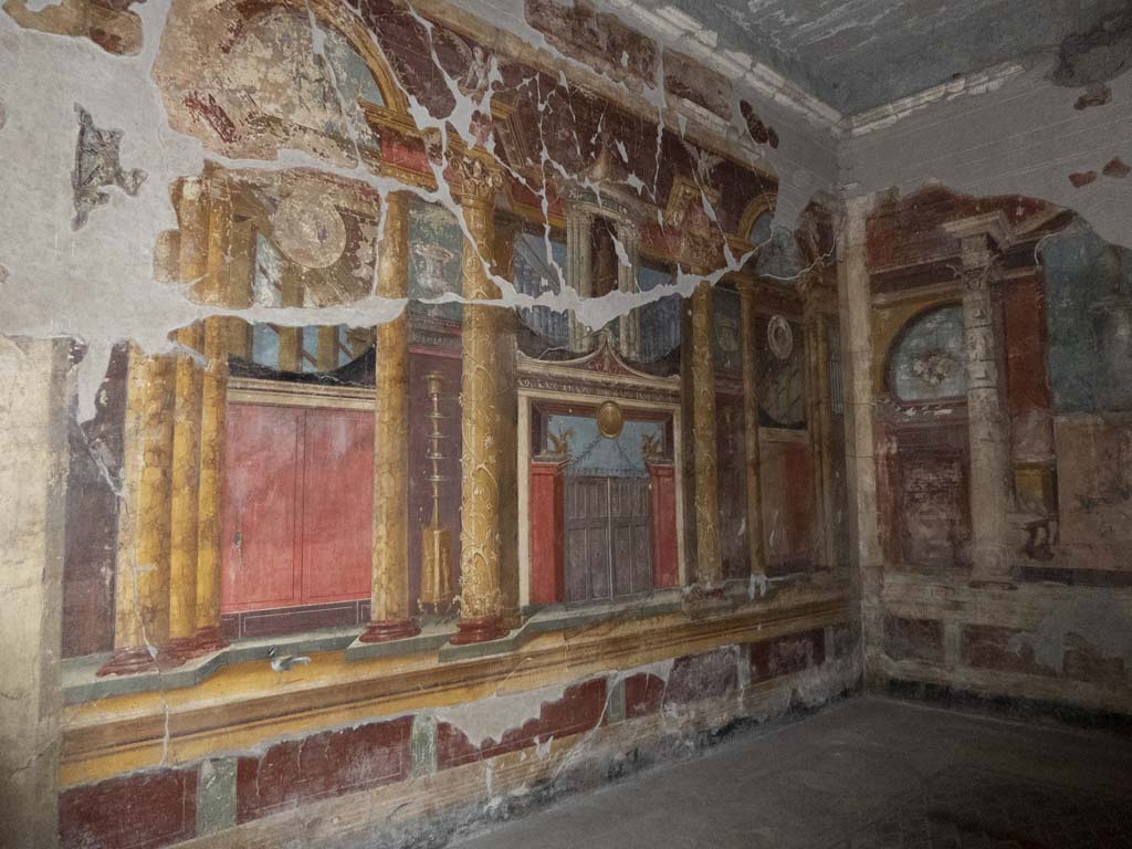Oplontis, May 2011. Room 14, west wall of triclinium. Photo courtesy of Buzz Ferebee.