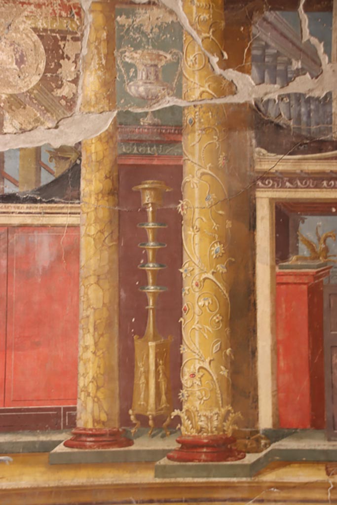 Oplontis Villa of Poppea, September 2021.  
Room 14, from left of central panel of west wall of triclinium. Photo courtesy of Klaus Heese.
