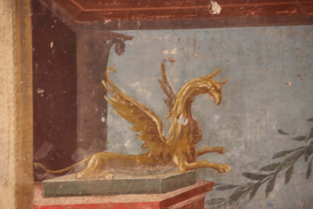 Oplontis Villa of Poppea, September 2021.  
Room 14, painted decoration from right side of central panel of west wall of triclinium. 
Photo courtesy of Klaus Heese.
