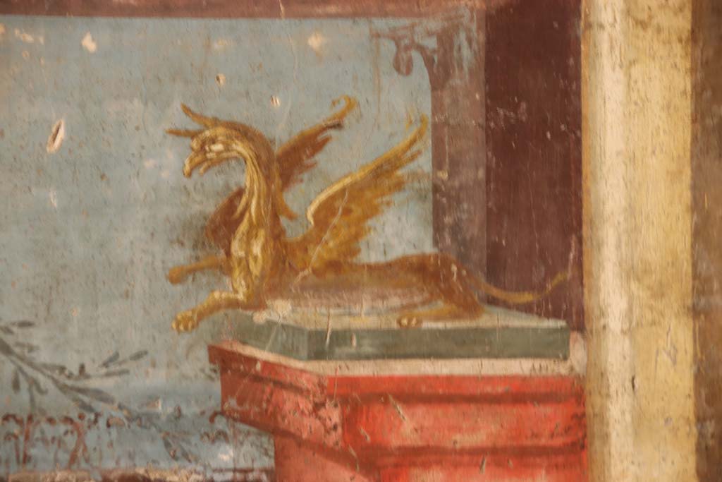 Oplontis Villa of Poppea, September 2021.  
Room 14, detail from right side of central panel of west wall of triclinium. Photo courtesy of Klaus Heese.
