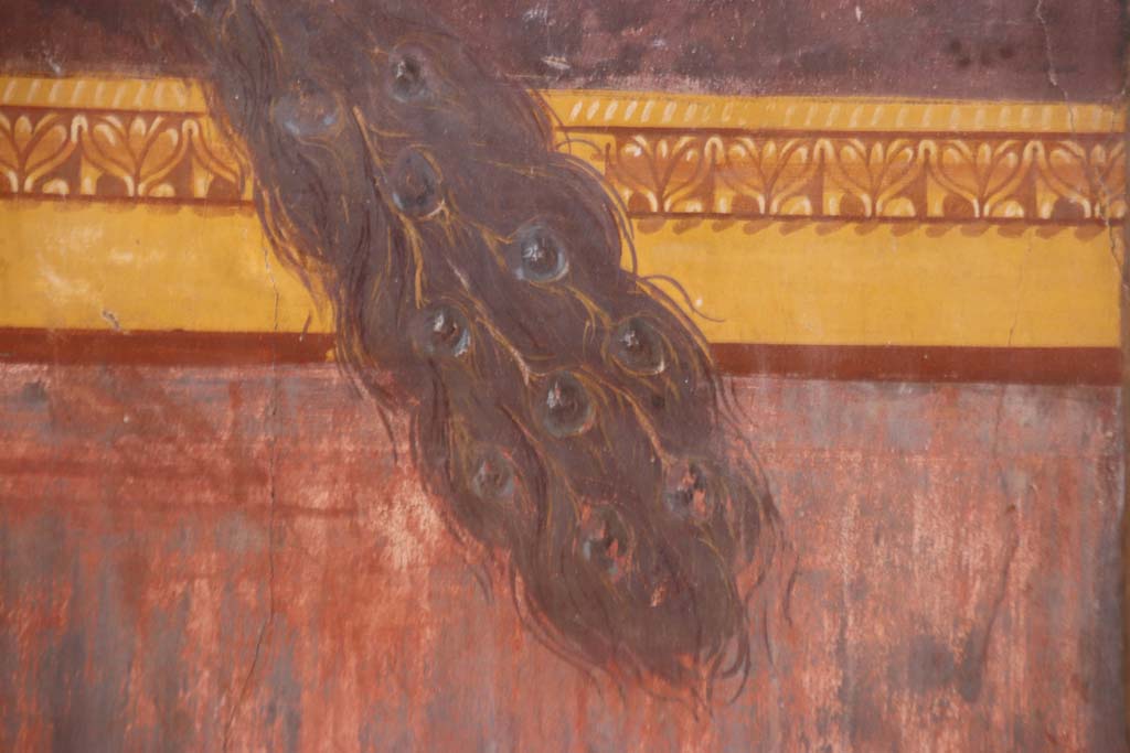 Oplontis, May 2011. Room 15, east wall, detail of painting of the Delphic tripod.  
Photo courtesy of Buzz Ferebee. 

