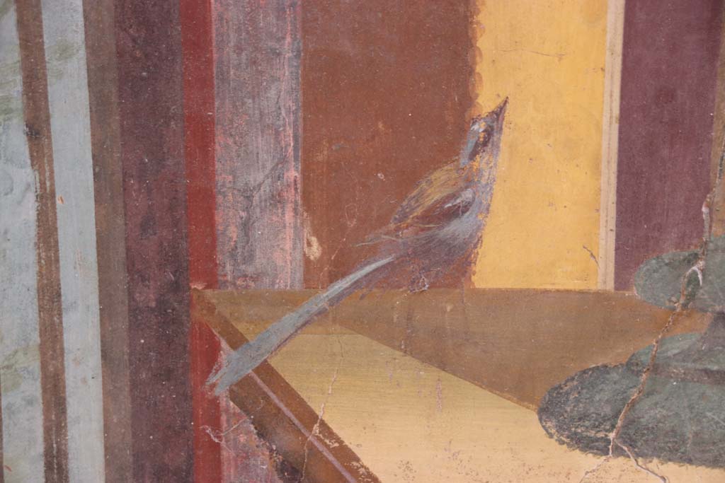 Oplontis Villa of Poppea, May 2010. Room 15, detail of painted upper east wall at south end in oecus. Photo courtesy of Buzz Ferebee.