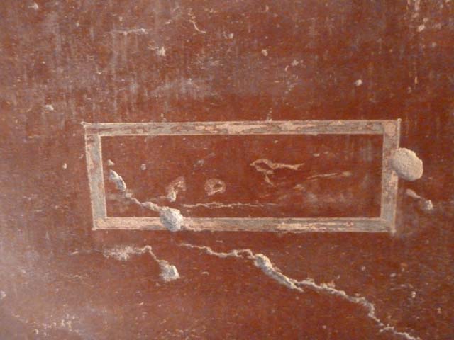 Oplontis, September 2015. Room 18, west wall, remains of painted panel of bird pecking at fruit. 