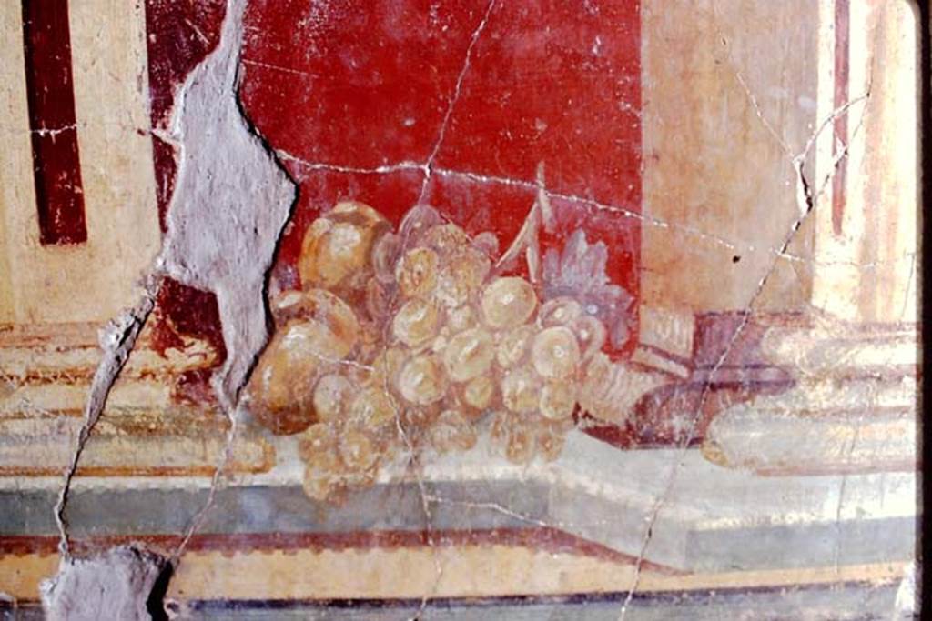 Oplontis, May 2010. Room 23, painted wall with still-life of glass bowl with pomegranates, from north wall.  Photo courtesy of Buzz Ferebee.
