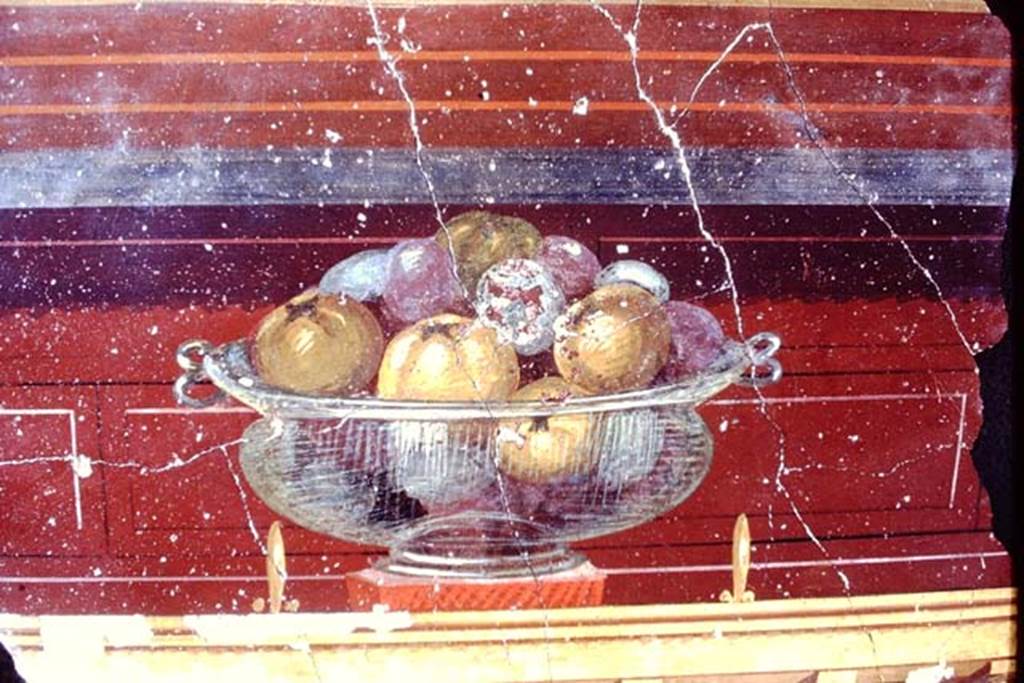 Oplontis, 1968.  Room 23, detail of bowl with pomegranates. Photo by Stanley A. Jashemski.
Source: The Wilhelmina and Stanley A. Jashemski archive in the University of Maryland Library, Special Collections (See collection page) and made available under the Creative Commons Attribution-Non Commercial License v.4. See Licence and use details. J68f1465

