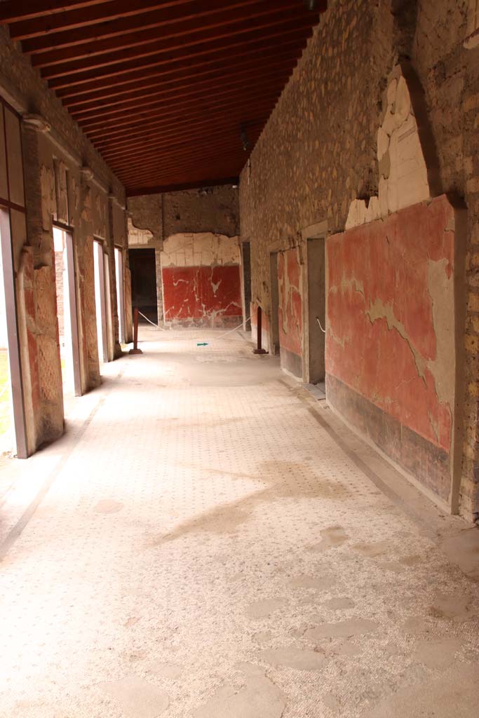 Oplontis, September 2015. Portico 24, painted north wall near east end, with black zoccolo.