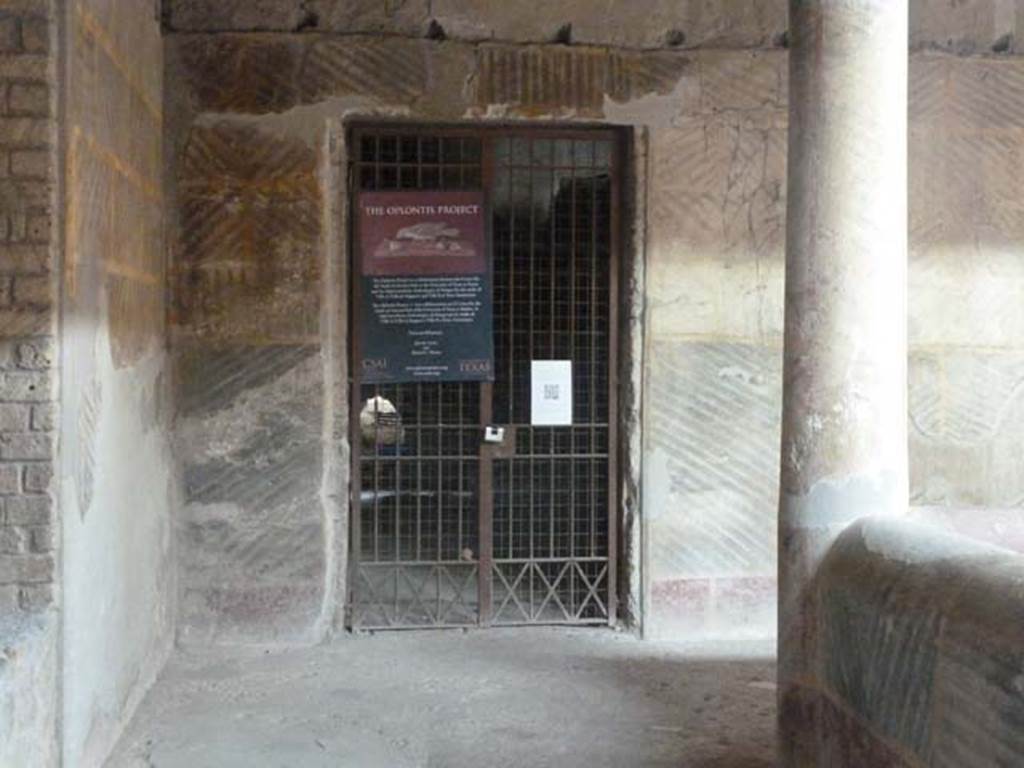 Oplontis Villa of Poppea, September 2015. Room 35, Oplontis Project notice on door.
For a wealth of additional information see The Oplontis Project eBook
Oplontis : Villa A ("of Poppaea") at Torre Annunziata, Italy. Vol. 1, The ancient setting and modern rediscovery by John R. Clarke and Nayla K. Muntasser.
at Vol. 1, The ancient setting and modern rediscovery
