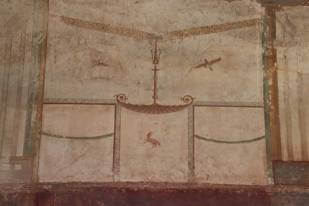 Oplontis Villa of Poppea, September 2021. 
Portico 40, east wall, painted wall decoration of deer/gazelle. Photo courtesy of Klaus Heese.
