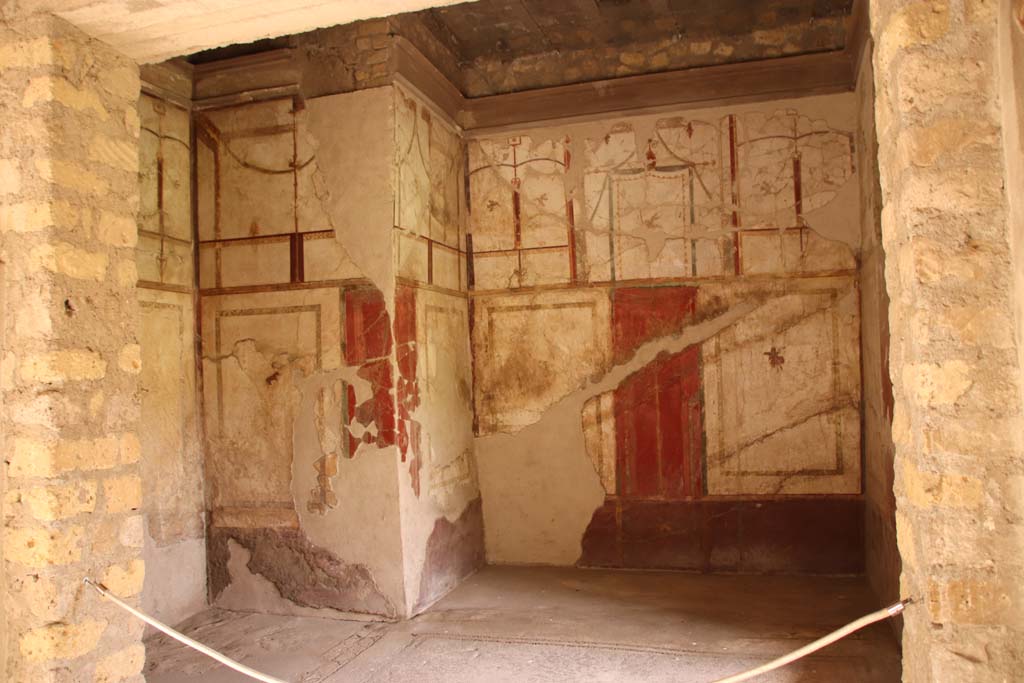 Oplontis, May 2010. Room 41, detail of painted decoration from upper north wall of alcove. Photo courtesy of Buzz Ferebee. 
