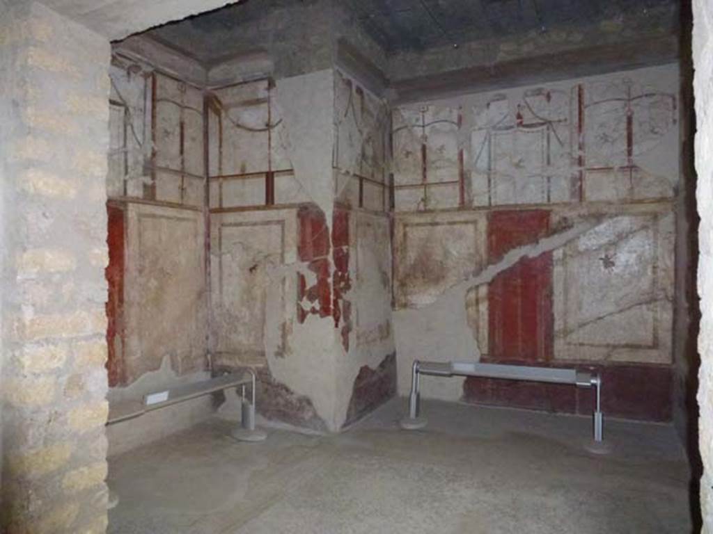 Oplontis Villa of Poppea, September 2021.  
Room 41, detail of painted decoration from upper north wall of alcove, at west end. Photo courtesy of Klaus Heese.
