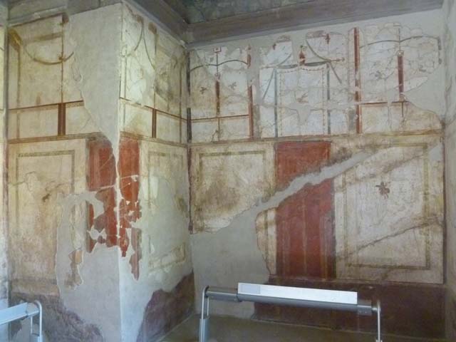 Oplontis Villa of Poppea, September 2021.  
Room 41, detail of painted decoration from centre of upper north wall of alcove. Photo courtesy of Klaus Heese.
