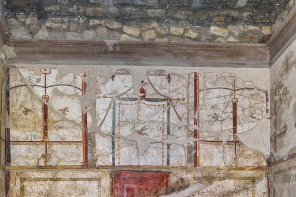 Oplontis, September 2015. Room 42, north decorated wall of steps to upper floor.