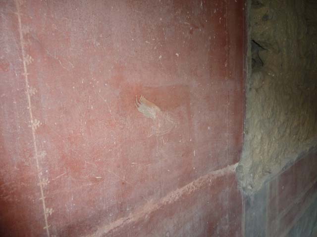 Oplontis, September 2015. Room 55, painted bird in middle of red panel on south wall.

 
