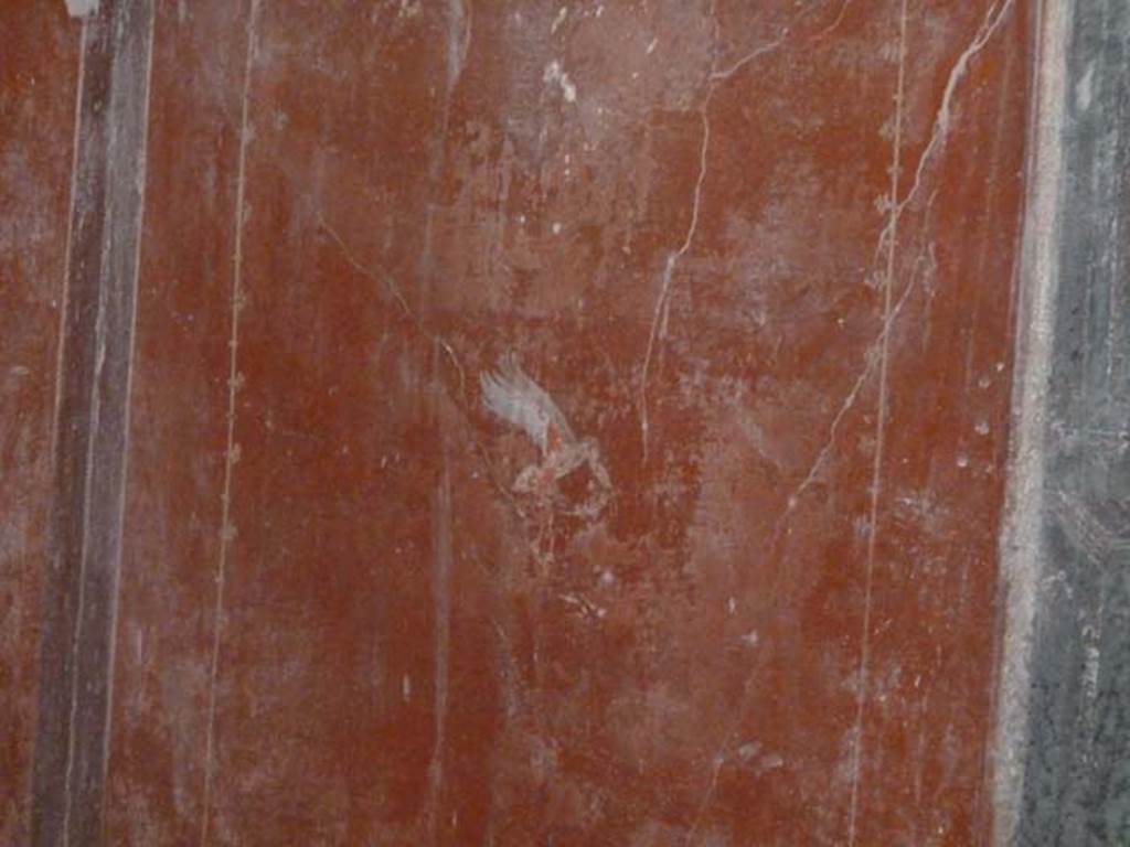 Oplontis, September 2015. Room 55, remains of painted bird in middle of red panel on west wall.