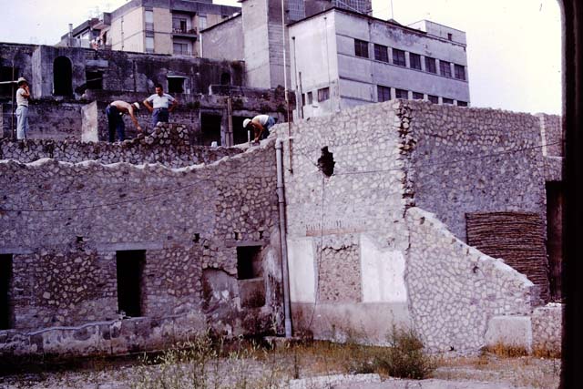 Oplontis, 1977. On the left is room 58, with its root cavities, on the right is room 57 with its remaining black and red painted plaster. Looking east. At the rear, across the garden, is the doorway to room 69. Photo by Stanley A. Jashemski.   
Source: The Wilhelmina and Stanley A. Jashemski archive in the University of Maryland Library, Special Collections (See collection page) and made available under the Creative Commons Attribution-Non Commercial License v.4. See Licence and use details. J77f0293

