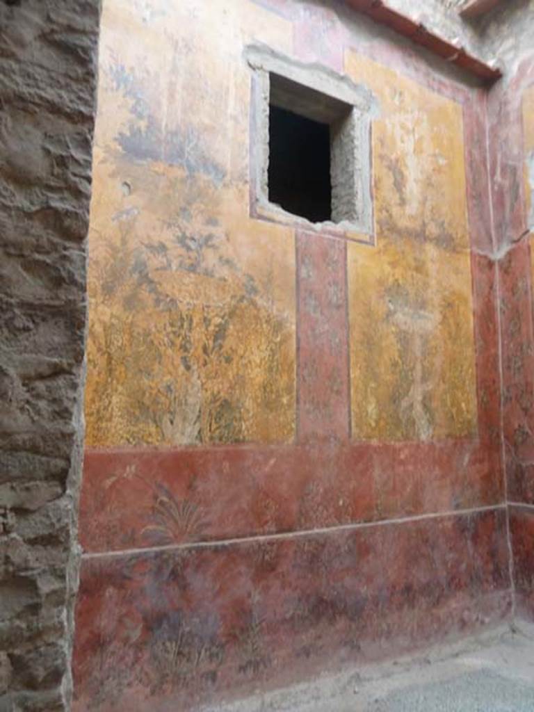 Oplontis Villa of Poppea, October 2020.  
Room 68, painted decoration on west wall at south end. Photo courtesy of Klaus Heese.
