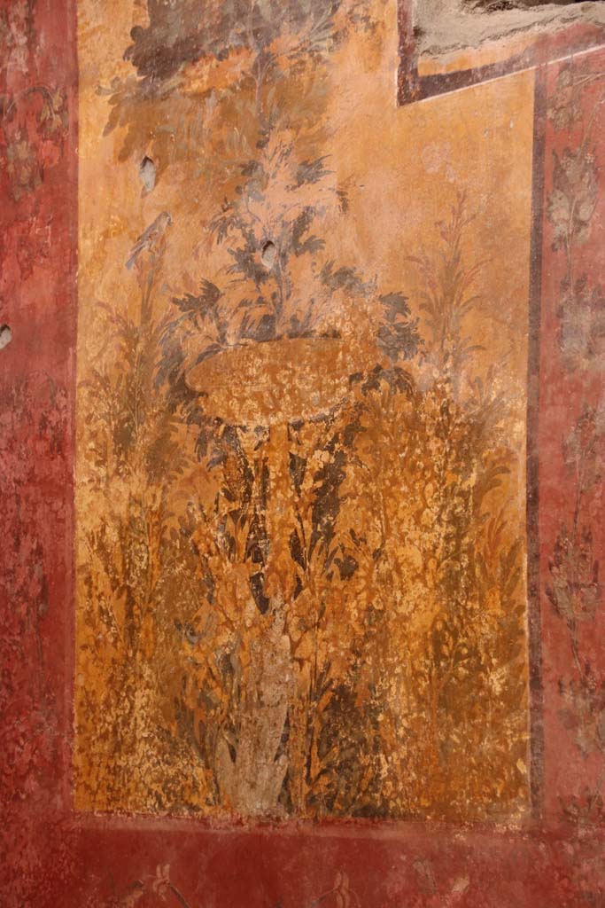Oplontis Villa of Poppea, October 2020.  
Room 68, detail of painted decoration on west wall at south end. Photo courtesy of Klaus Heese.
