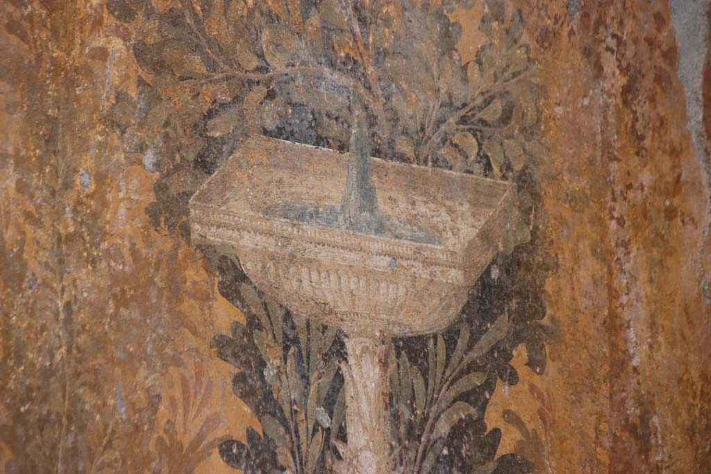Oplontis Villa of Poppea, September 2021.   
Room 68, detail of square fountain of panel at south end of east wall. Photo courtesy of Klaus Heese.
