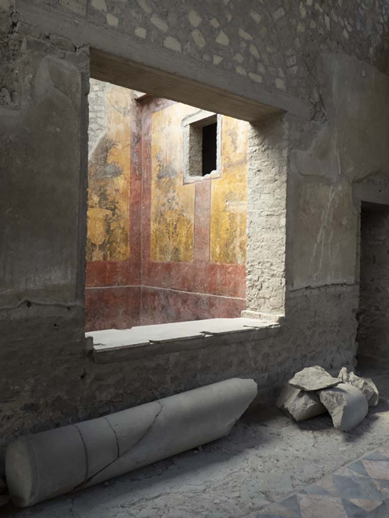 Oplontis Villa of Poppea, September 2017. 
Room 69, south wall with window to room 68, and broken column below.
Foto Annette Haug, ERC Grant 681269 DÉCOR.
