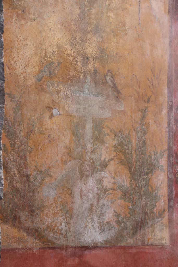 Oplontis Villa of Poppea, September 2021.  
Room 70, painted square fountain from south end of west wall, with plants and birds. 
Photo courtesy of Klaus Heese.
