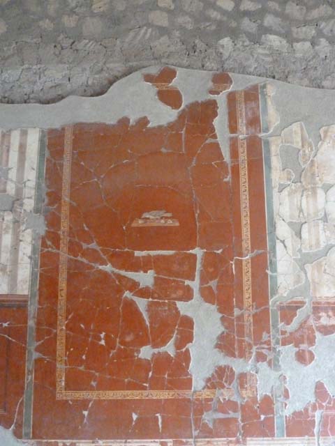 Oplontis, September 2015. Room 81, painted panel with bird pecking at fruit, from centre of north wall