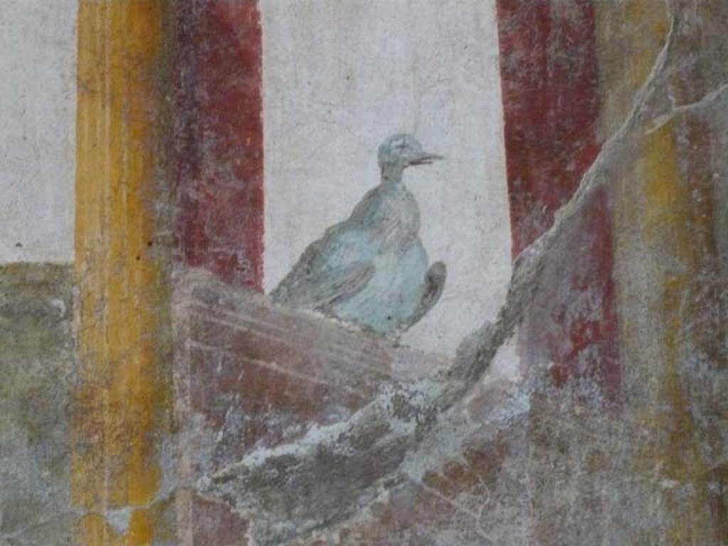 Oplontis, May 2011. Room 81, detail of painted peacock on vase, from south wall.. 
Photo courtesy of Michael Binns.
