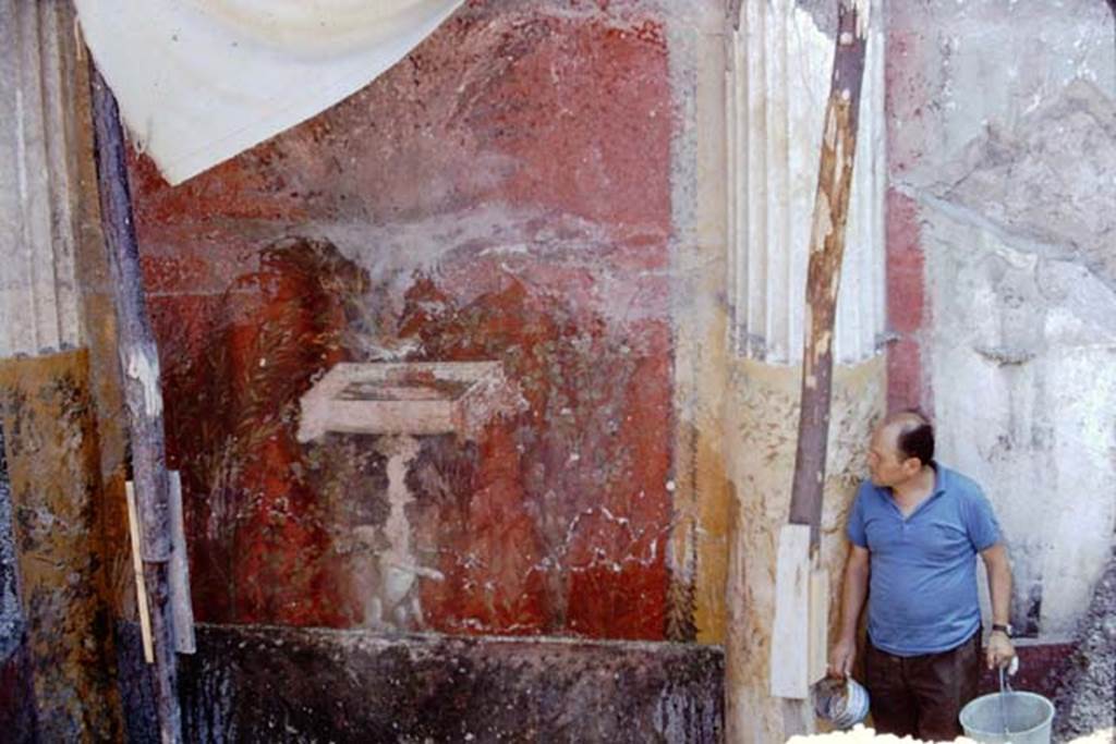 Oplontis, 1968.  Room 20, wall painting from north-east corner, of bird on a square fountain. Photo by Stanley A. Jashemski.
Source: The Wilhelmina and Stanley A. Jashemski archive in the University of Maryland Library, Special Collections (See collection page) and made available under the Creative Commons Attribution-Non Commercial License v.4. See Licence and use details. J68f1445
