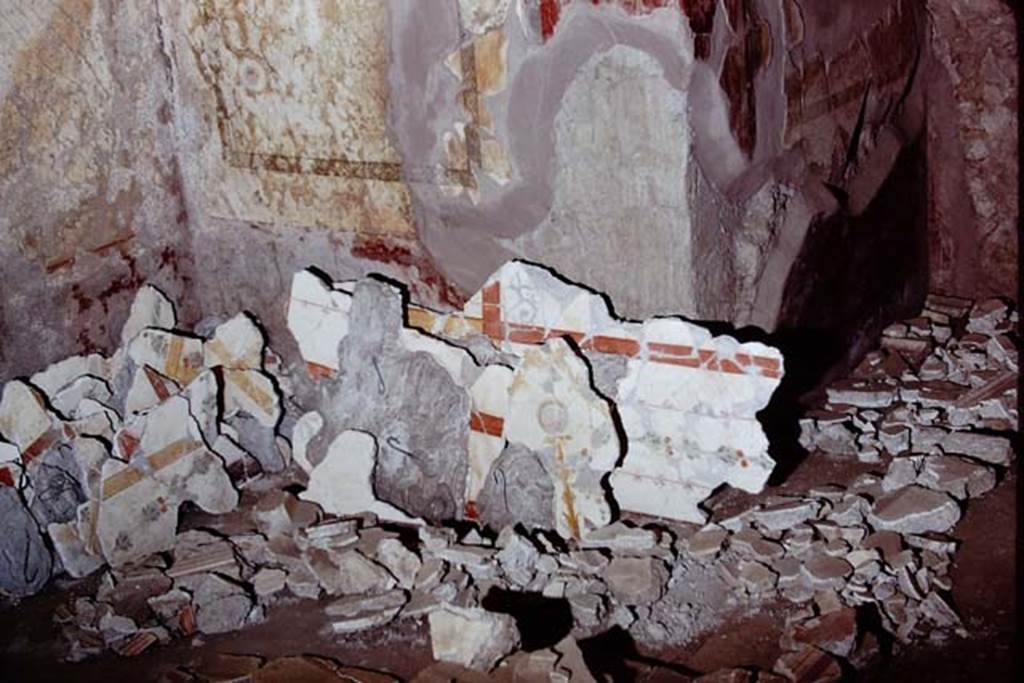 Oplontis Villa of Poppea, 1975. Fragments of plaster waiting to be re-attached. Photo by Stanley A. Jashemski.   
Source: The Wilhelmina and Stanley A. Jashemski archive in the University of Maryland Library, Special Collections (See collection page) and made available under the Creative Commons Attribution-Non Commercial License v.4. See Licence and use details. J75f0333
