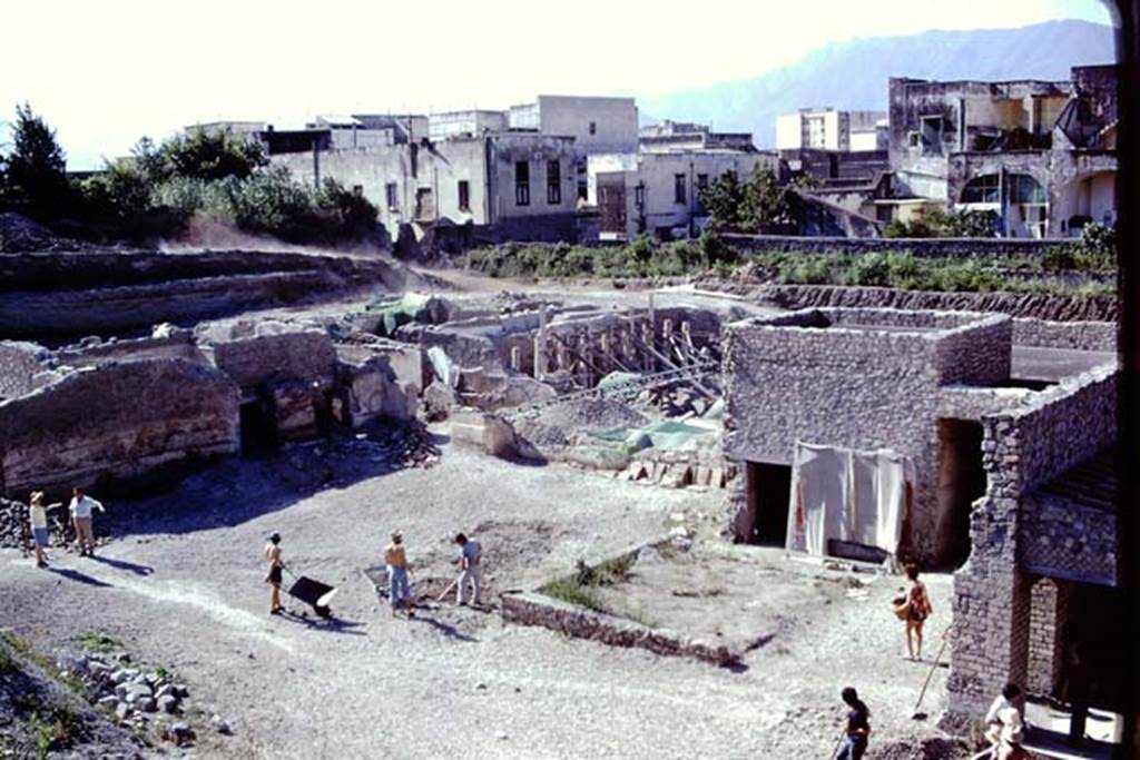 Oplontis Villa of Poppea, 1975 or 1974. Looking south-east across villa, from north garden.
Room 58, and doorway to room 55 can be seen, right of centre. Photo by Stanley A. Jashemski.   
Source: The Wilhelmina and Stanley A. Jashemski archive in the University of Maryland Library, Special Collections (See collection page) and made available under the Creative Commons Attribution-Non Commercial License v.4. See Licence and use details. J74f0898
