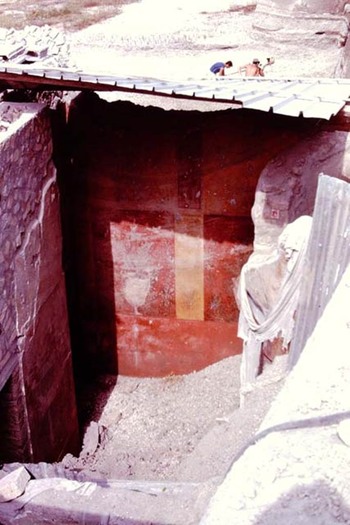 Oplontis, 1977.Looking down into room 78, during reconsolidation. Photo by Stanley A. Jashemski.   
Source: The Wilhelmina and Stanley A. Jashemski archive in the University of Maryland Library, Special Collections (See collection page) and made available under the Creative Commons Attribution-Non Commercial License v.4. See Licence and use details. J77f0134
