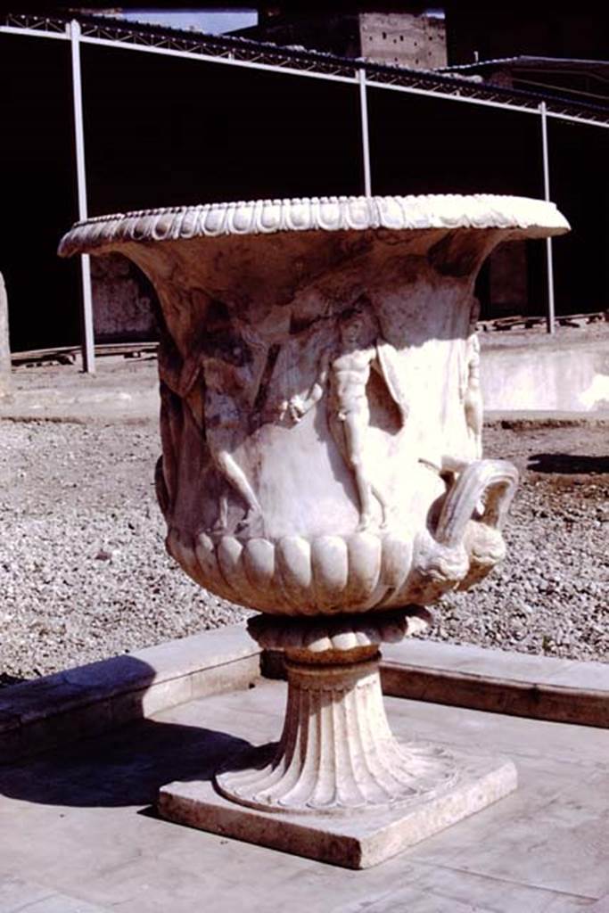 Oplontis, 1978. Large crater fountain vase positioned in the centre of the south side of the pool.  Photo by Stanley A. Jashemski.   
Source: The Wilhelmina and Stanley A. Jashemski archive in the University of Maryland Library, Special Collections (See collection page) and made available under the Creative Commons Attribution-Non Commercial License v.4. See Licence and use details. J78f0048
According to Wilhelmina, “We were delighted to see they had discovered the base of the beautiful marble crater fountain in a small pool in the garden area on the south side of the swimming pool where the crater had been originally located. We had admired the fountain on a previous trip, for it had been found earlier, in the rear portico of the villa where it had been stored, possibly after the earthquake.”
See Jashemski, W.F., 2014. Discovering the Gardens of Pompeii: Memoirs of a Garden Archaeologist, (p.263).
According to Wilhelmina, “the base of the large crater fountain was found in fragments in passage 53, where it had been stored at the time of the eruption”.
See Jashemski, W. F., 1993. The Gardens of Pompeii, Volume II: Appendices. New York: Caratzas. (p.298).

