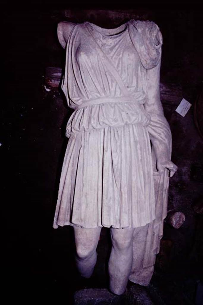Oplontis Villa of Poppea, 1984. Headless statue of  Diana found on the east side of the pool, when found it was still standing on its base in front of root-cavity XI. 
Source: The Wilhelmina and Stanley A. Jashemski archive in the University of Maryland Library, Special Collections (See collection page) and made available under the Creative Commons Attribution-Non Commercial License v.4. See Licence and use details. J84f0062
SAP inventory number 73303.
