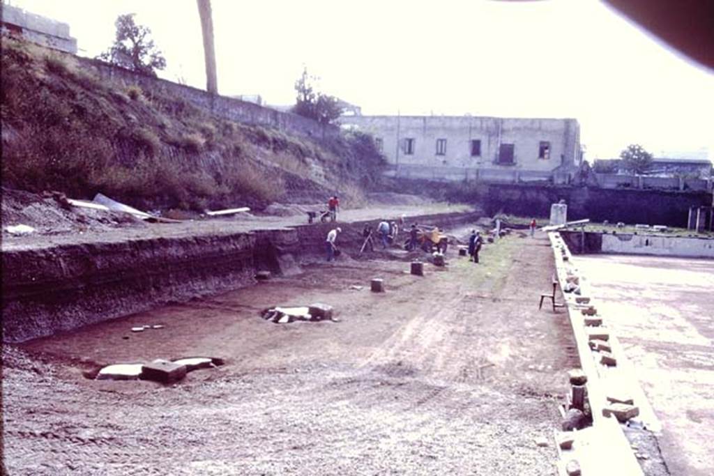 Oplontis, c.1984. Looking south on east side of swimming pool. The statue bases and filled root cavities are now clear of the lapilli at their rear. On the left would be statue base 11.
Source: The Wilhelmina and Stanley A. Jashemski archive in the University of Maryland Library, Special Collections (See collection page) and made available under the Creative Commons Attribution-Non Commercial License v.4. See Licence and use details. Oplo0027
