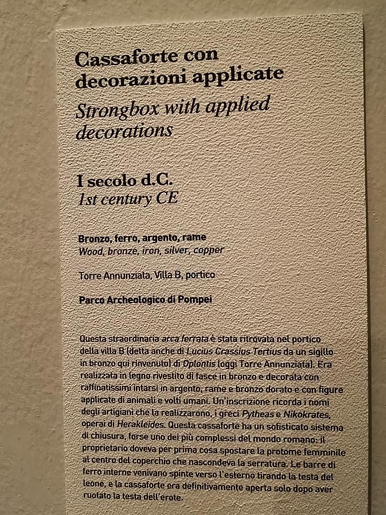 Oplontis, Villa of Lucius Crassius Tertius. December 2019. Information card.  
From exhibition “Pompei e Santorini” in Rome, 2019. Photo courtesy of Giuseppe Ciaramella.
