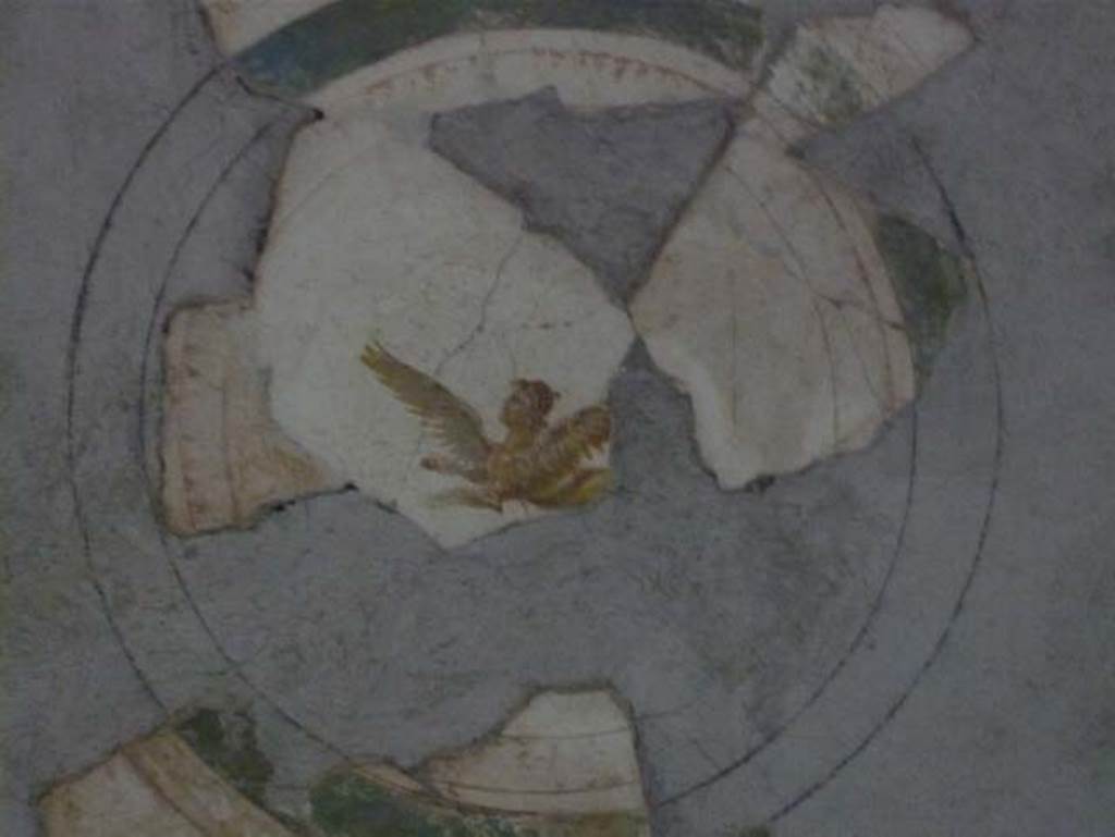 Stabiae, Secondo Complesso (Villa B), May 2010. Room 19, circular ceiling painting of a winged sphinx. 
Photo courtesy of Buzz Ferebee.
